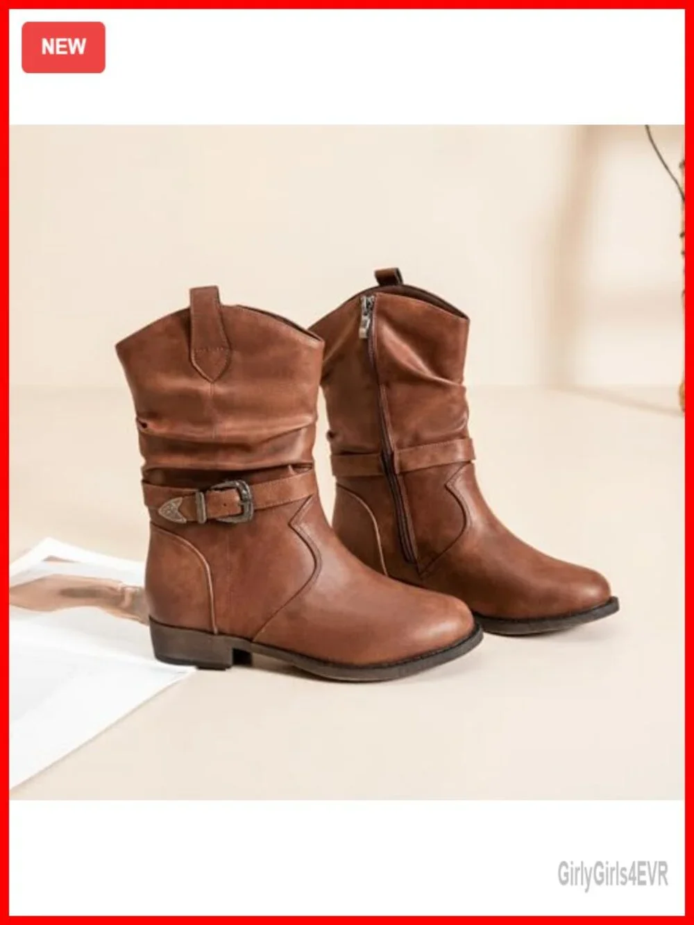 Women's Mid-Calf Cowboy Zip Booties - Round Toe Faux Leather Side Zipper